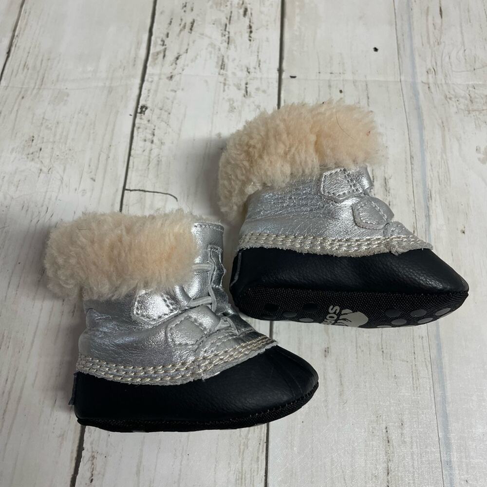 Sorel Silver and Black Kids Snow Boots - Picture 2 of 8
